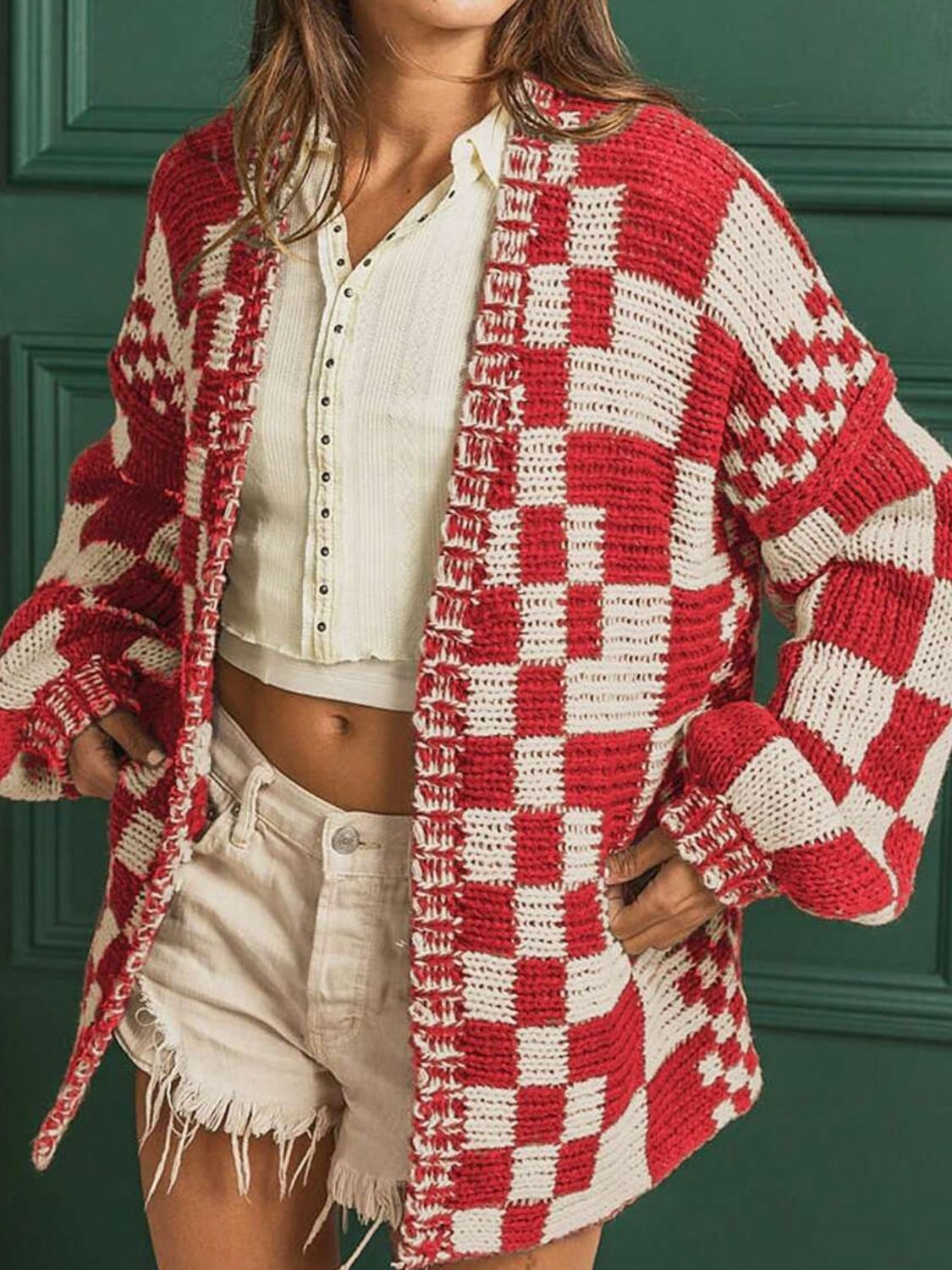 Checkered Open Front Long Sleeve Cardigan-Angel Casuals