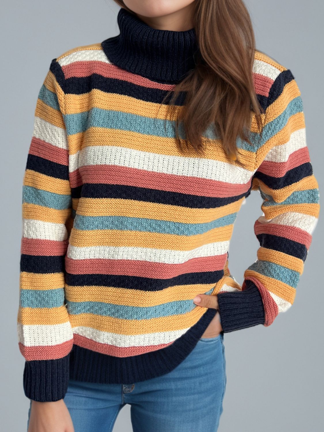 Contrast Stripes Turtleneck Long Sleeve Sweater-Angel Casuals