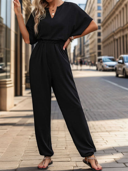 Notched Half Sleeve Straight Jumpsuit-Angel Casuals