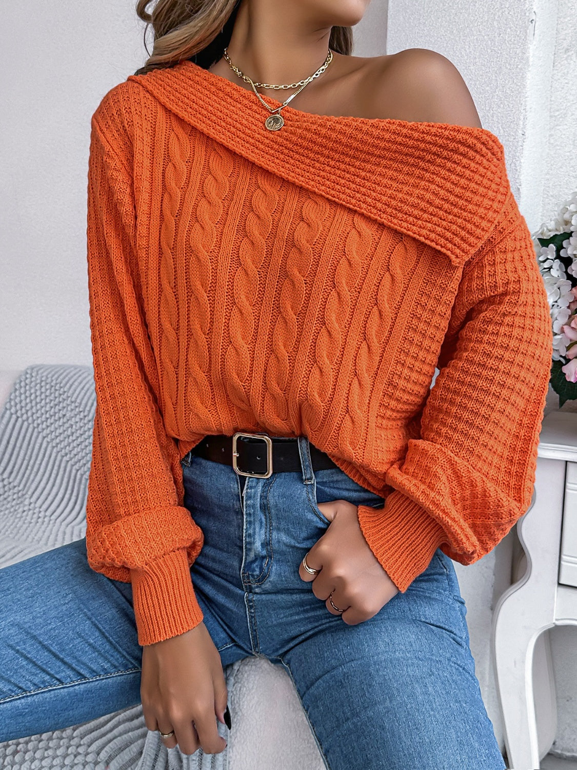 Cable-Knit One Shoulder Long Sleeve Sweater-Angel Casuals