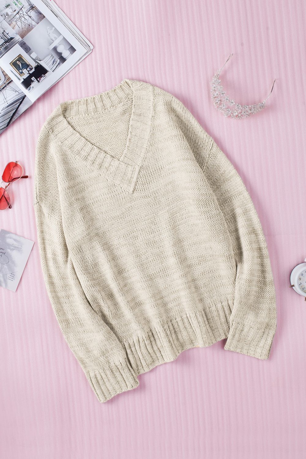 V-Neck Dropped Shoulder Sweater-Angel Casuals