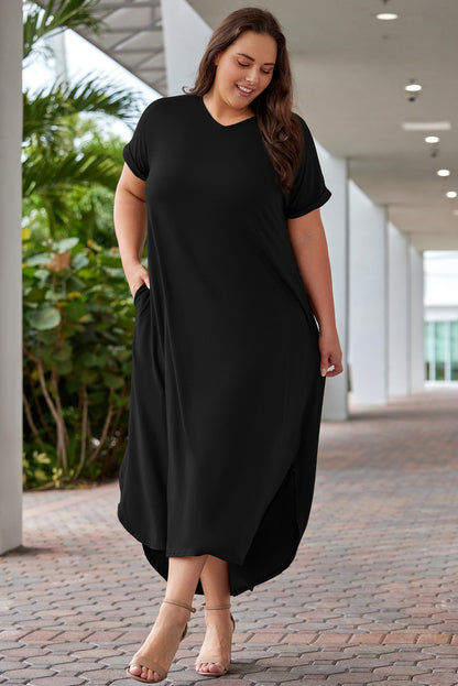 Plus Size V-Neck Short Sleeve Maxi Dress-Angel Casuals