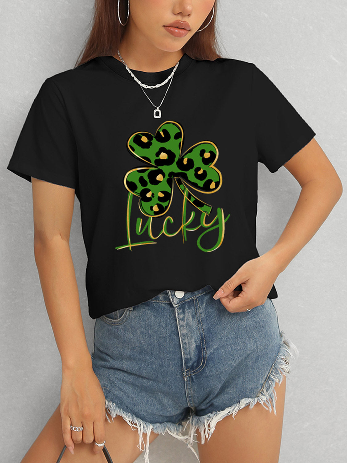 Lucky Clover Round Neck Short Sleeve T-Shirt-Angel Casuals