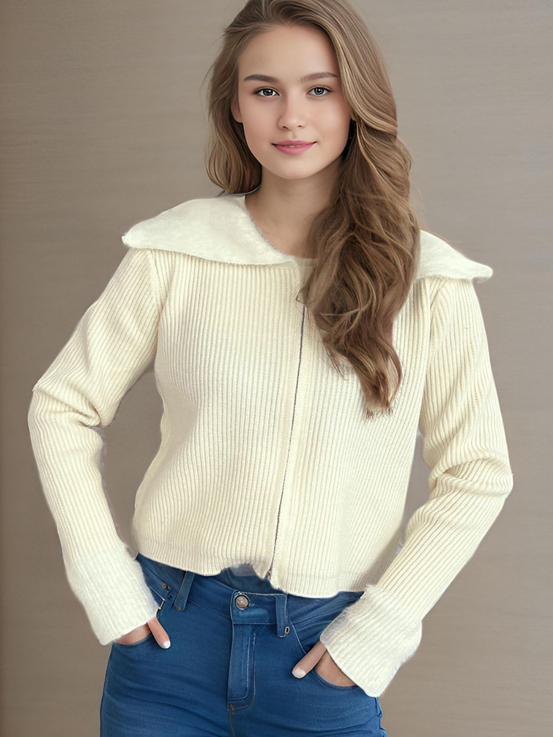 Zip Up Collared Neck Long Sleeve Cardigan-Angel Casuals