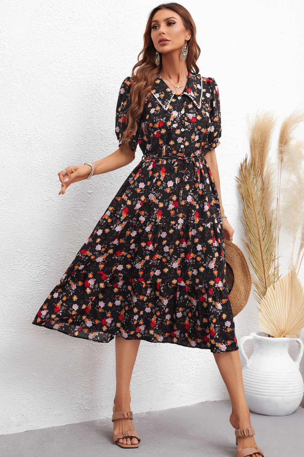 Floral Collared Neck Puff Sleeve Dress-Angel Casuals