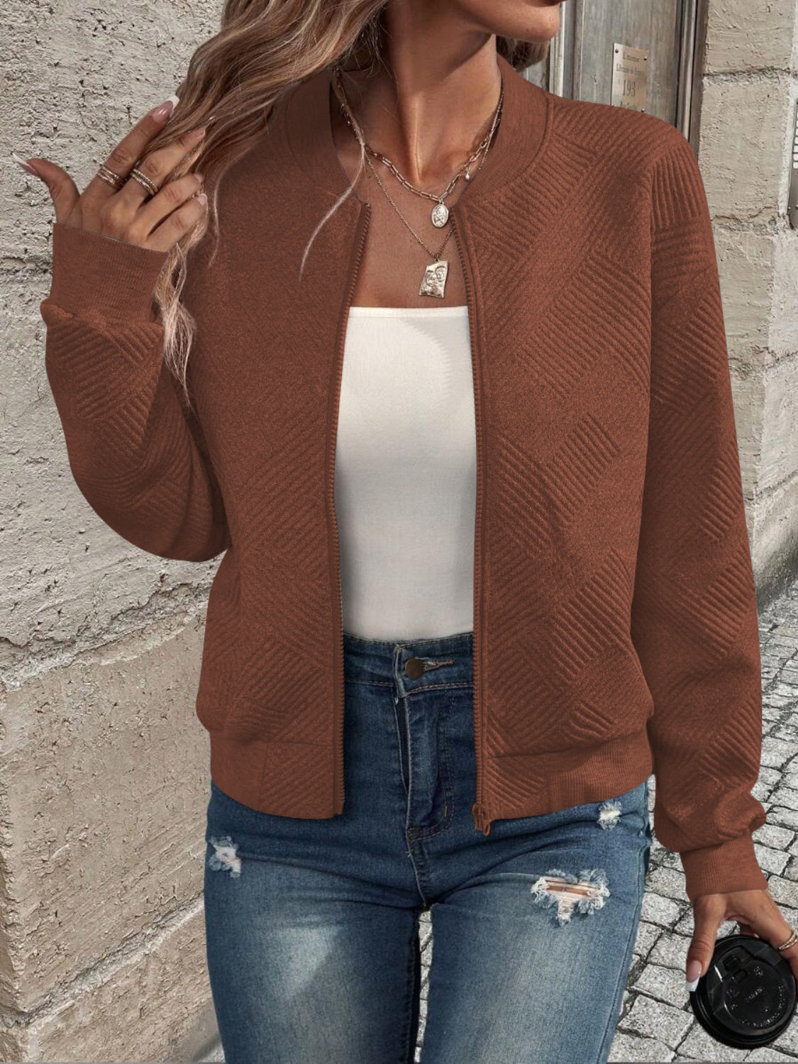 Textured Zip Up Long Sleeve Jacket-Angel Casuals