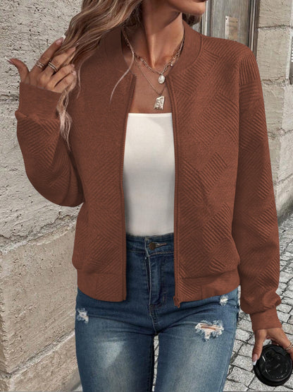 Textured Zip Up Long Sleeve Jacket-Angel Casuals