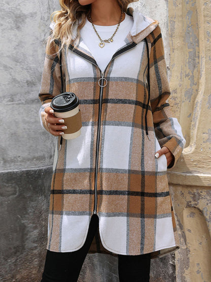 Drawstring Plaid Zip Up Long Sleeve Hooded Outerwear-Angel Casuals
