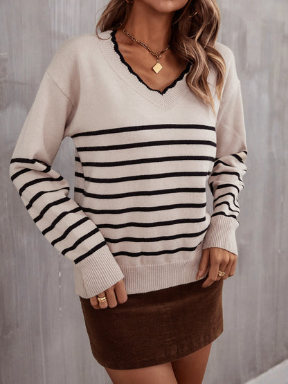 Angel Wings Striped V-Neck Drop Shoulder Sweater-Angel Casuals