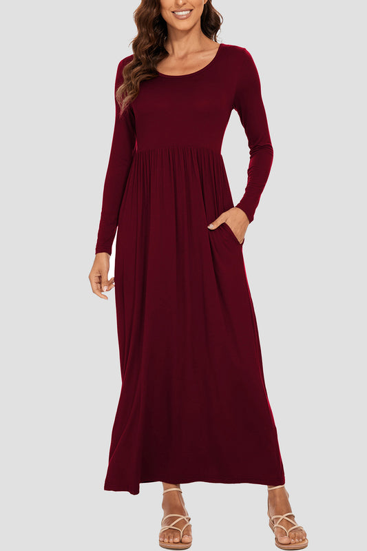 Round Neck Long Sleeve Pocketed Maxi Dress-Angel Casuals