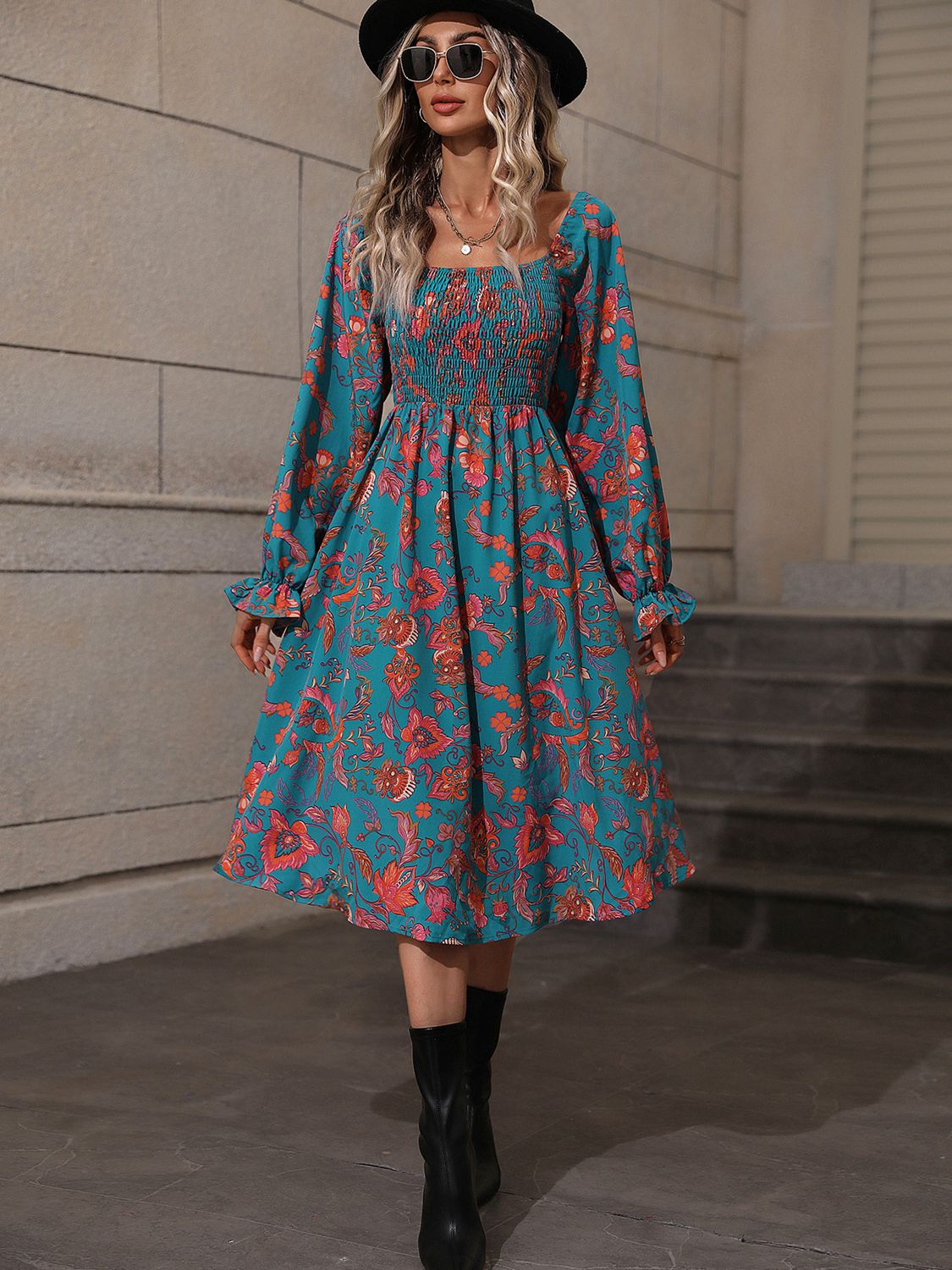 Printed Square Neck Flounce Sleeve Dress-Angel Casuals