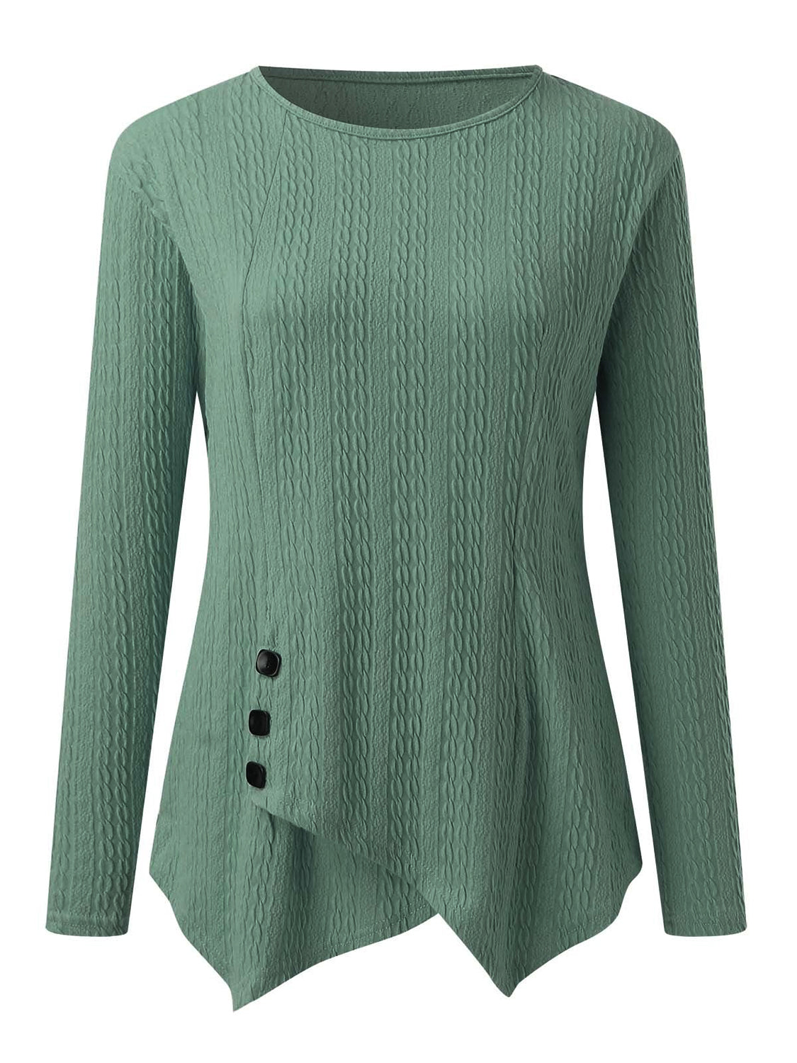 Decorative Button Round Neck Long Sleeve Top-Angel Casuals
