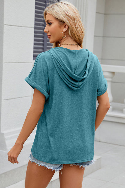 Half Button Drawstring Short Sleeve Hooded T-Shirt-Angel Casuals