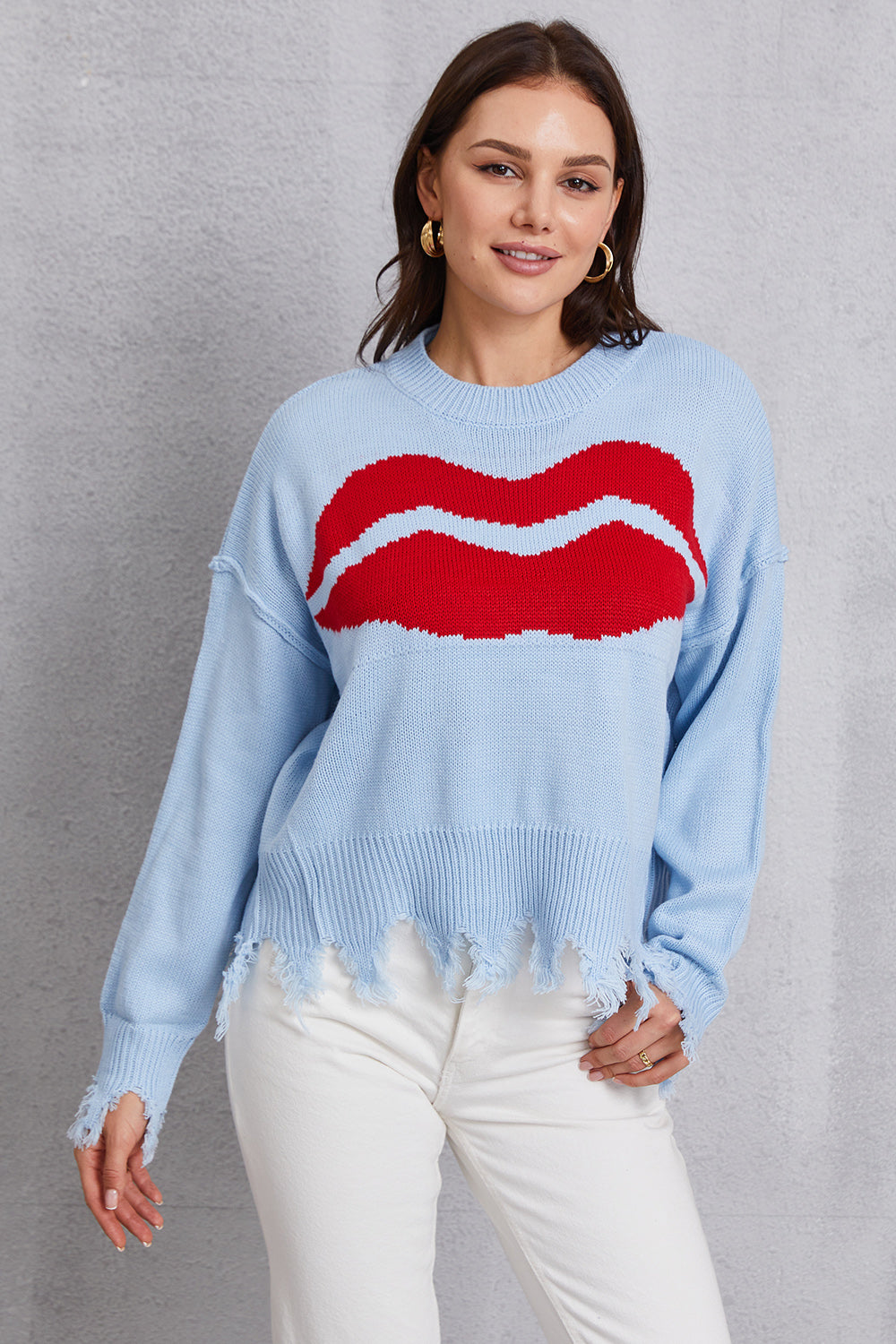 Lip Fringe Round Neck Sweater-Angel Casuals