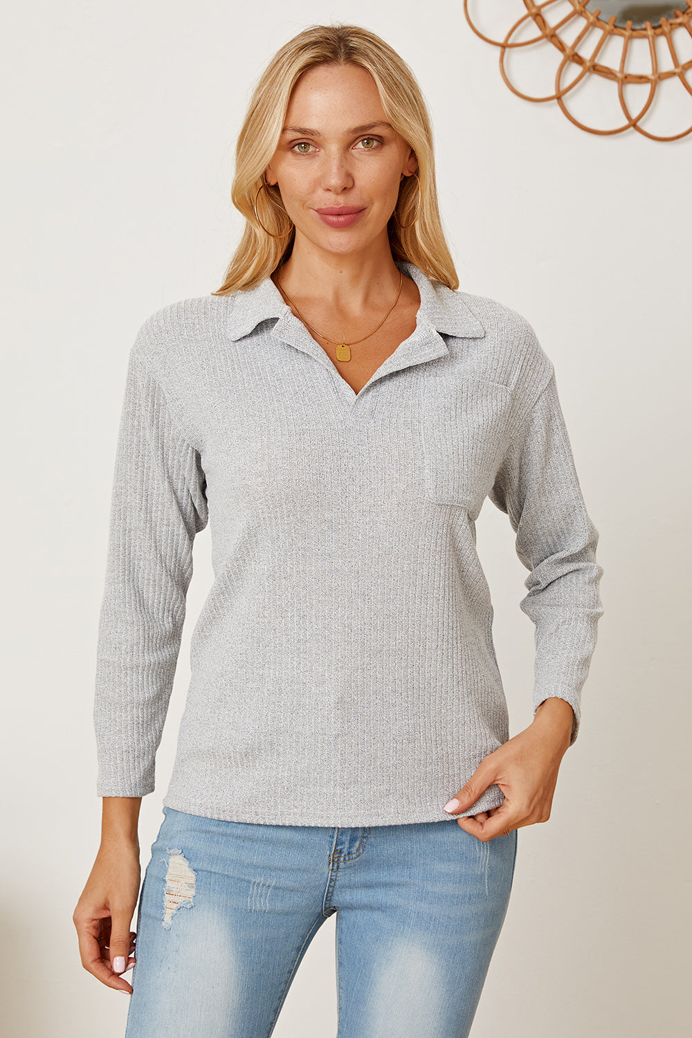 Collared Neck Dropped Shoulder T-Shirt-Angel Casuals