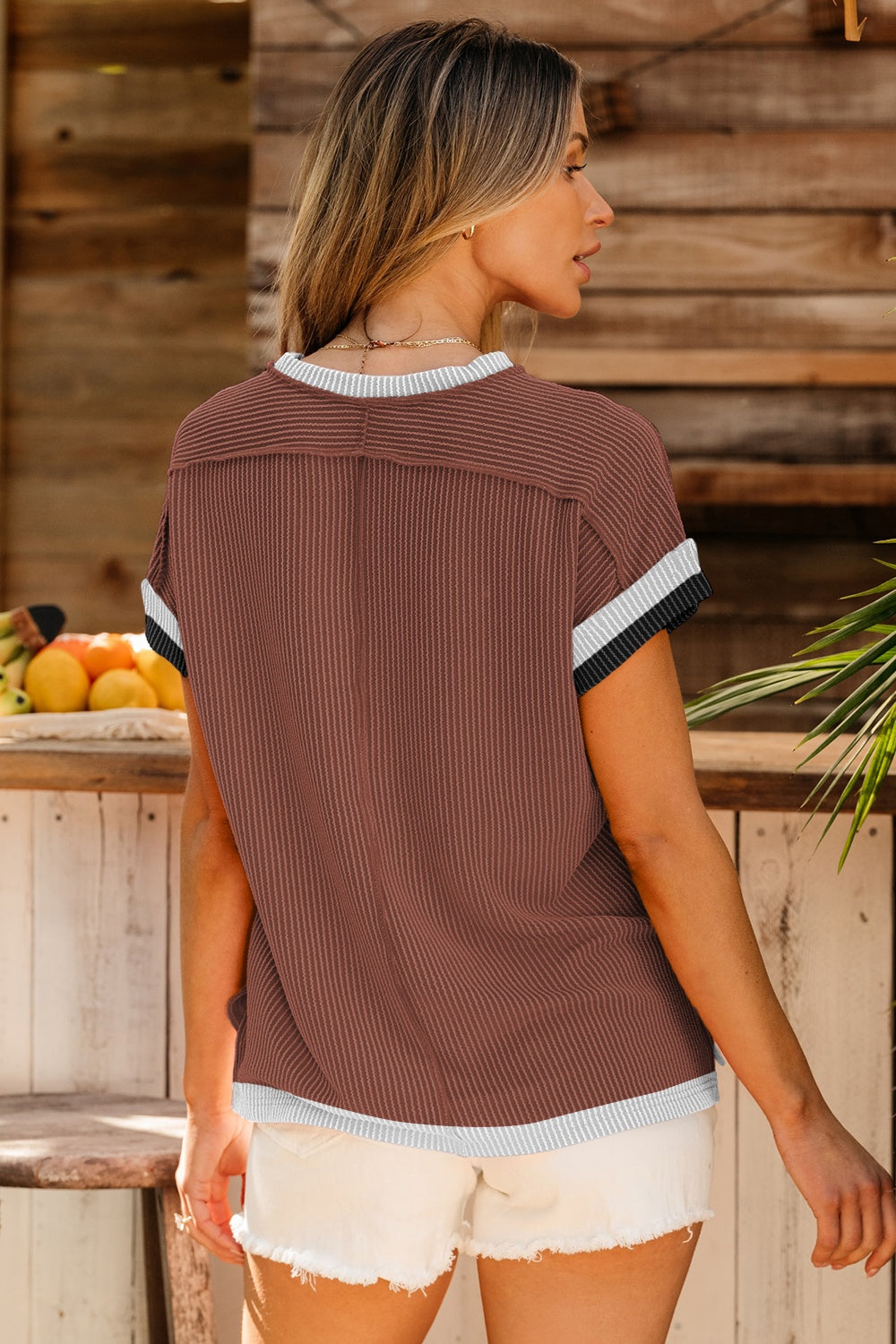 Color Block Round Neck Cap Sleeve T-Shirt-Angel Casuals