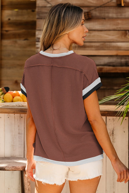 Color Block Round Neck Cap Sleeve T-Shirt-Angel Casuals