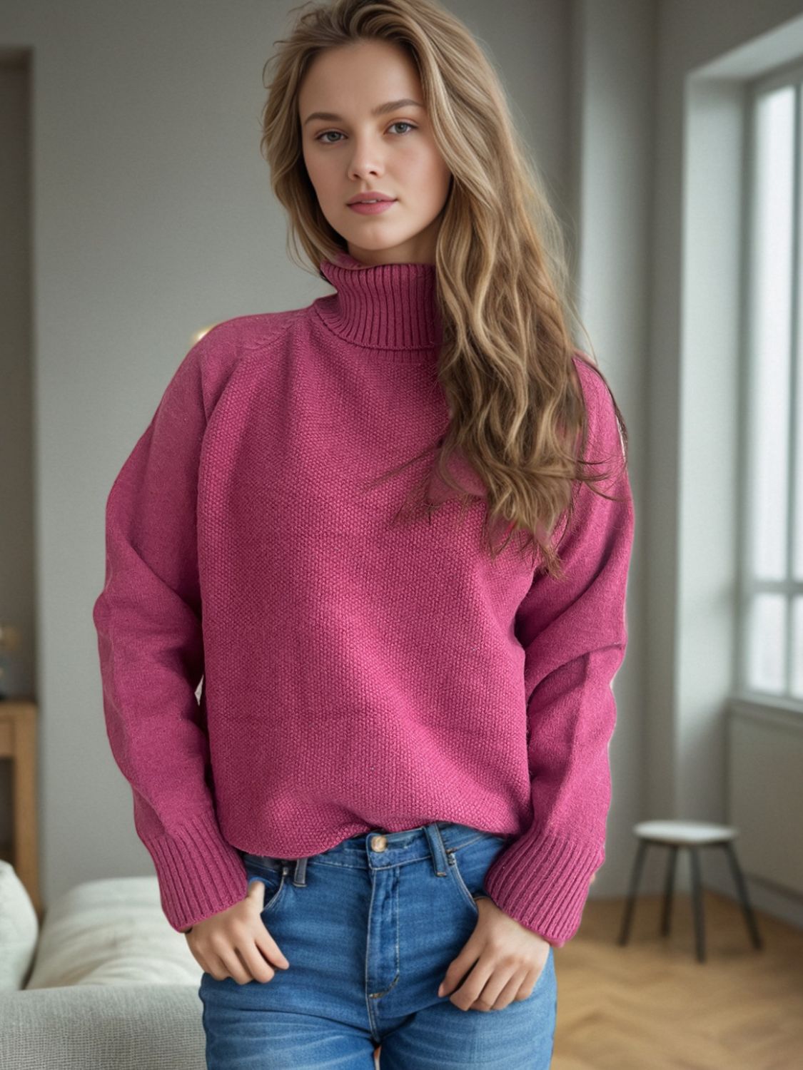 Ribbed Turtleneck Raglan Sleeve Sweater-Angel Casuals