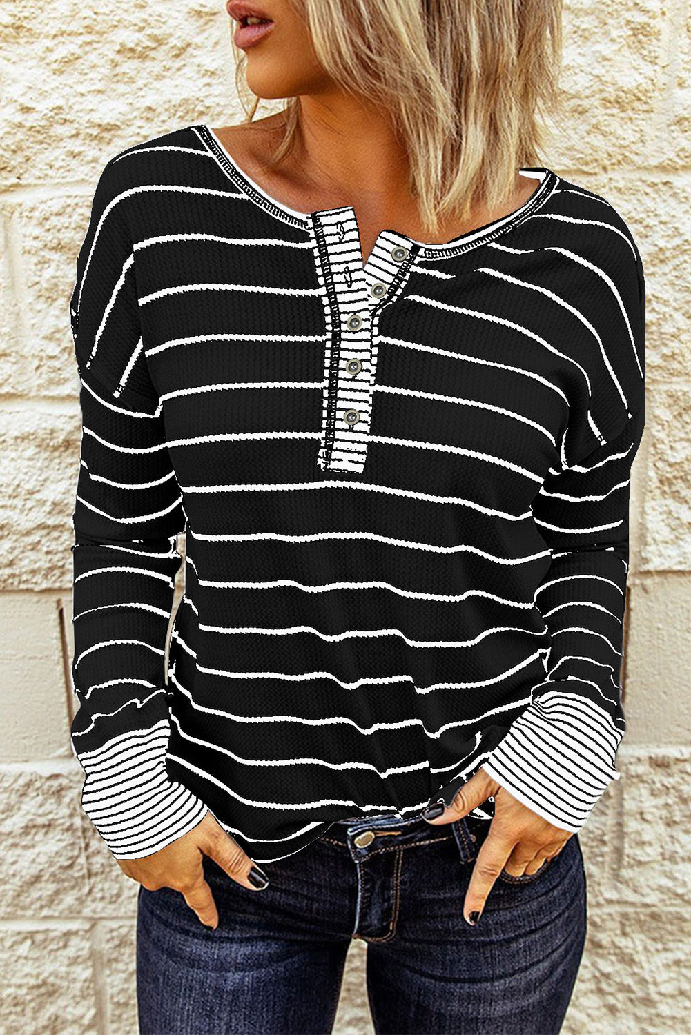 Striped Waffle Knit Henley Long Sleeve Top-Angel Casuals