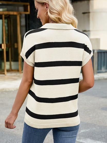 Striped Johnny Collar Cap Sleeve Sweater-Angel Casuals