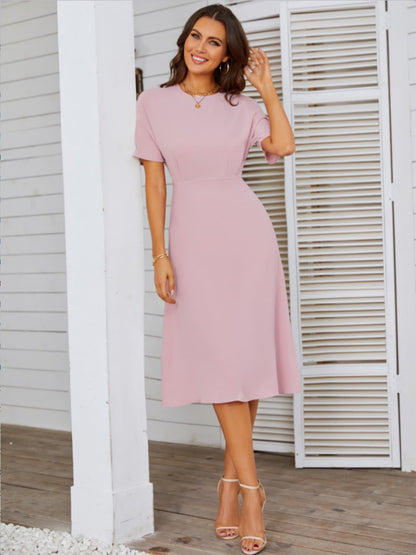 Round Neck Short Sleeve Midi Dress-Angel Casuals