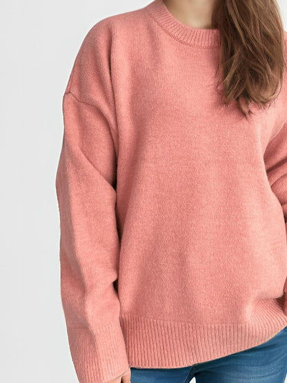 Round Neck Dropped Shoulder Long Sleeve Sweater-Angel Casuals