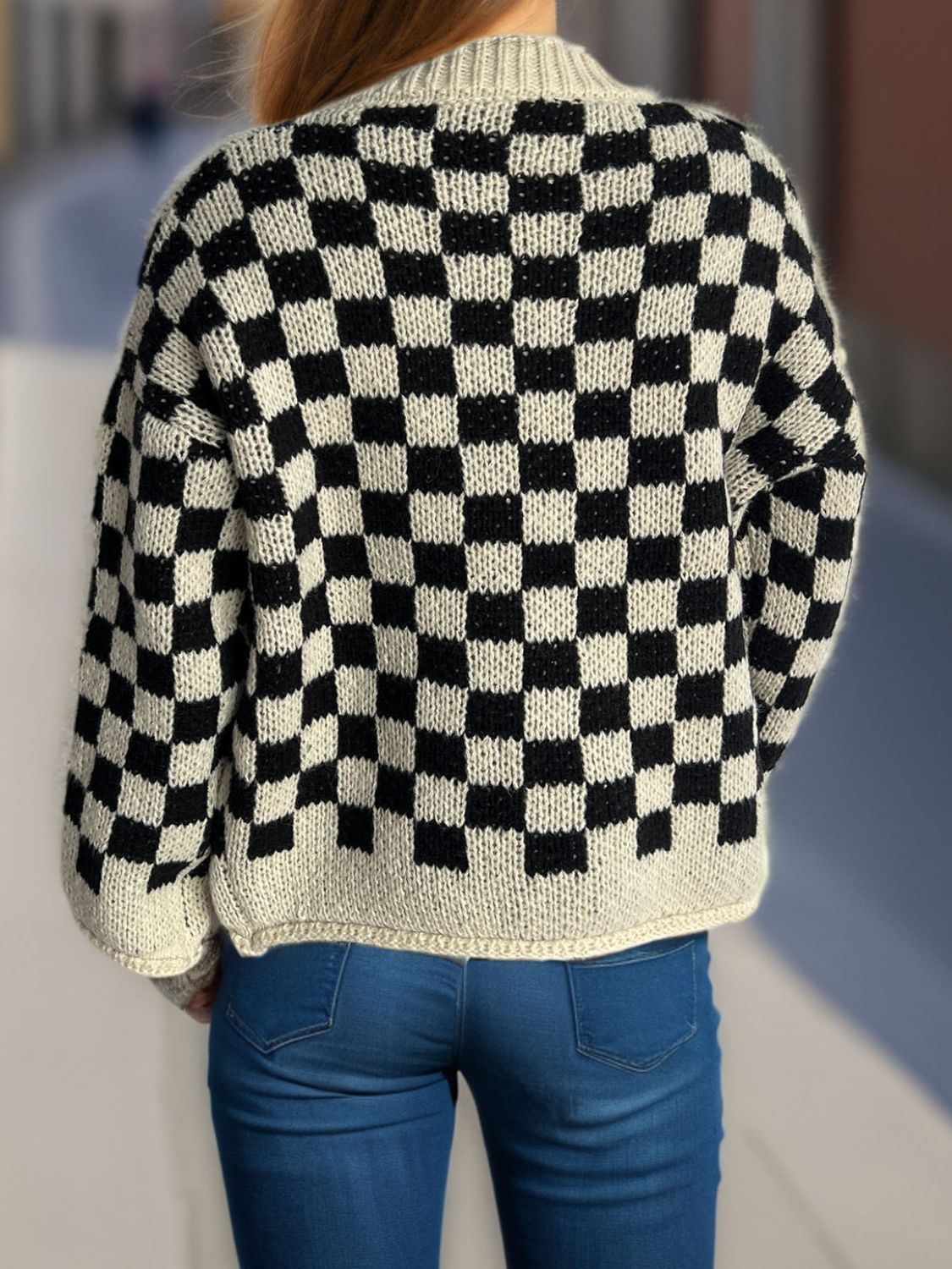 Checkered Button Up Round Neck Cardigan-Angel Casuals