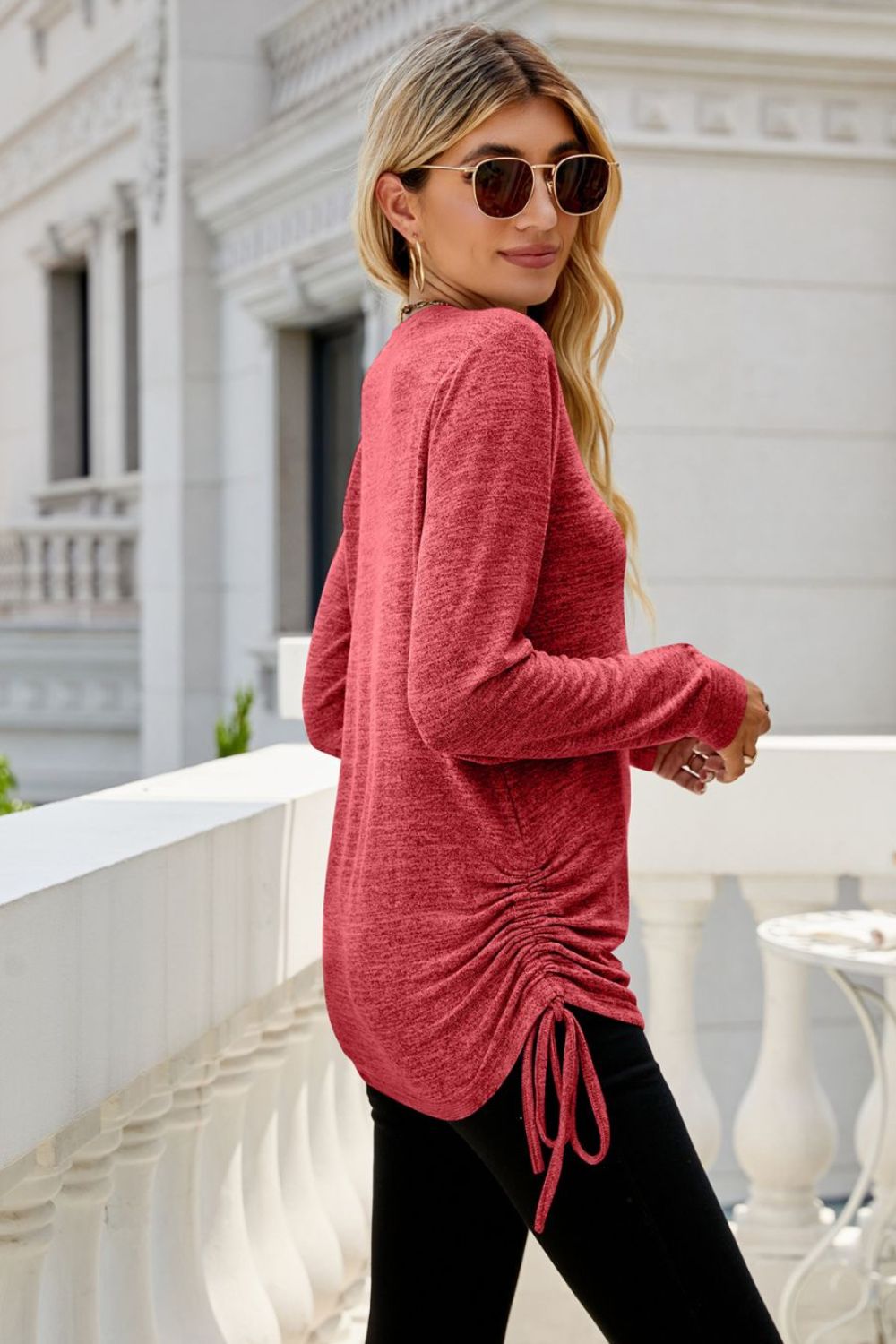 Heathered Drawstring V-Neck Top-Angel Casuals