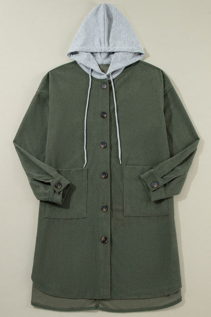 Drawstring Button Up Long Sleeve Hooded Jacket-Angel Casuals