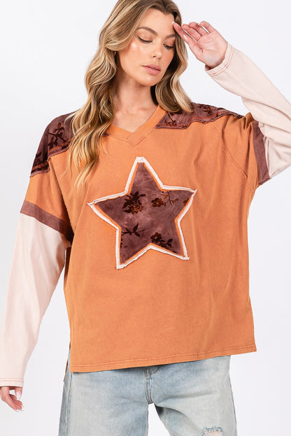 SAGE + FIG Star Patch Long Sleeve Color Block T-Shirt-Angel Casuals