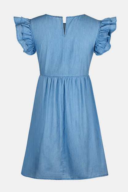 Full Size Ruffled Round Neck Cap Sleeve Denim Dress-Angel Casuals