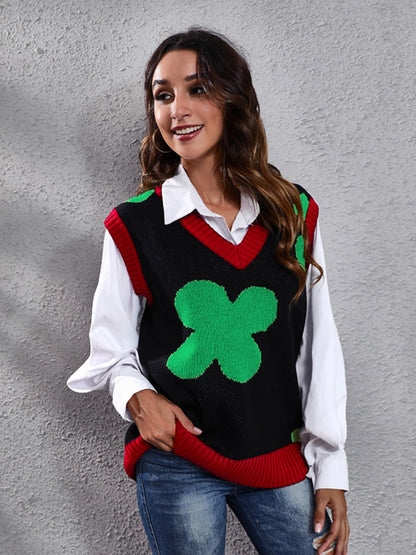 Four Leaf Clover V-Neck Sweater Vest-Angel Casuals