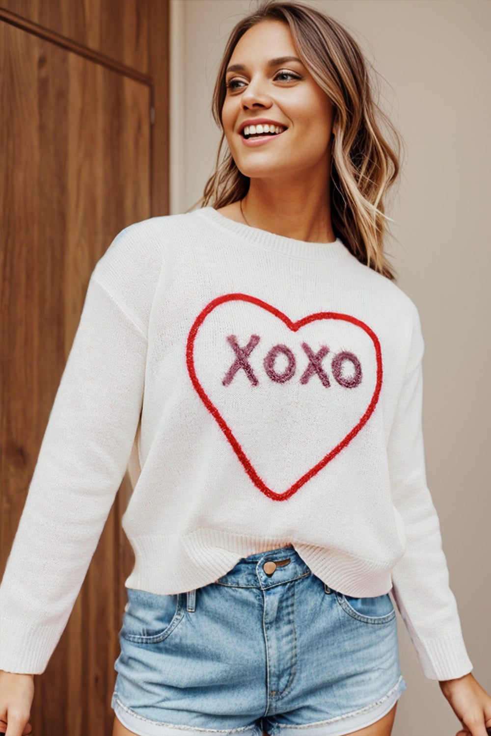 XOXO Heart Round Neck Dropped Shoulder Sweater-Angel Casuals