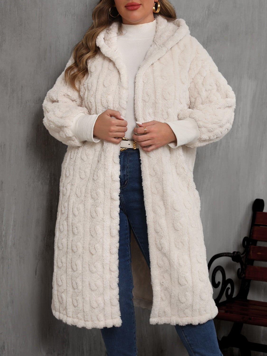 Plus Size Open Front Hooded Plush Coat-Angel Casuals
