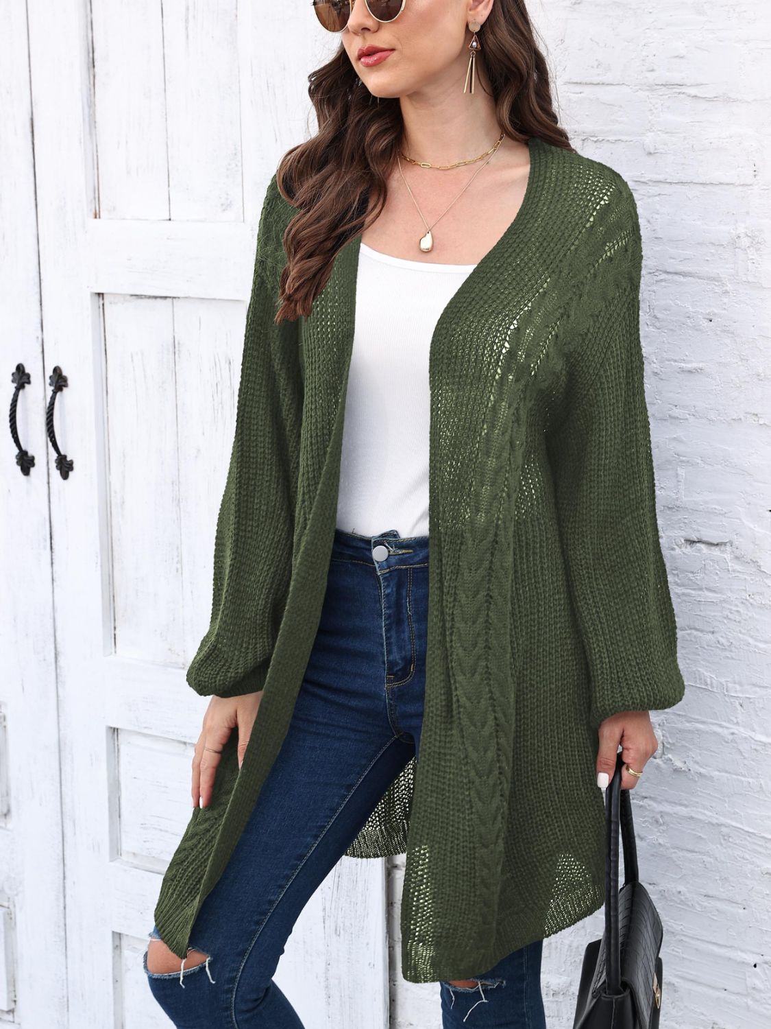 Cable-Knit Open Front Long Sleeve Cardigan-Angel Casuals