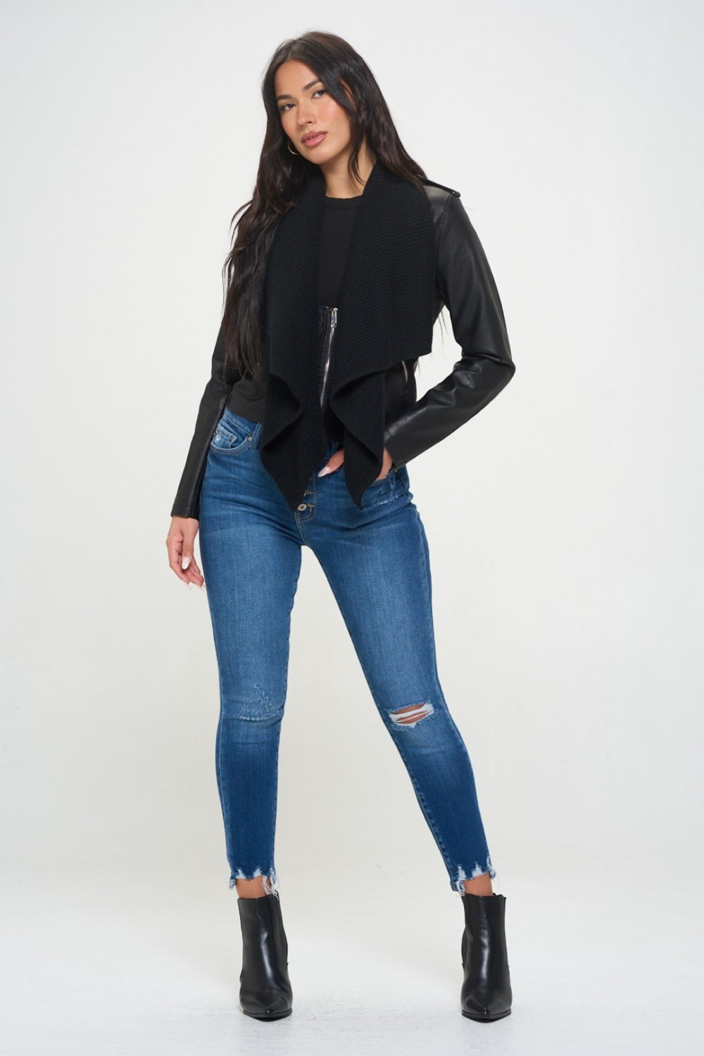 Coalition LA Knit Collared Faux Leather Crop Jacket-Angel Casuals