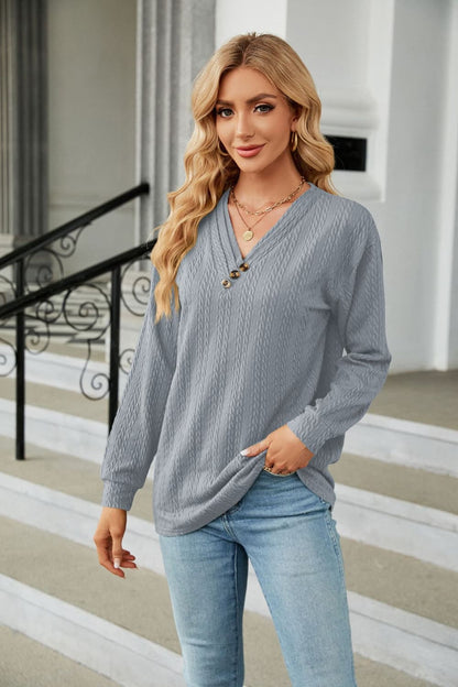 Decorative Button V-Neck Long Sleeve T-Shirt-Angel Casuals