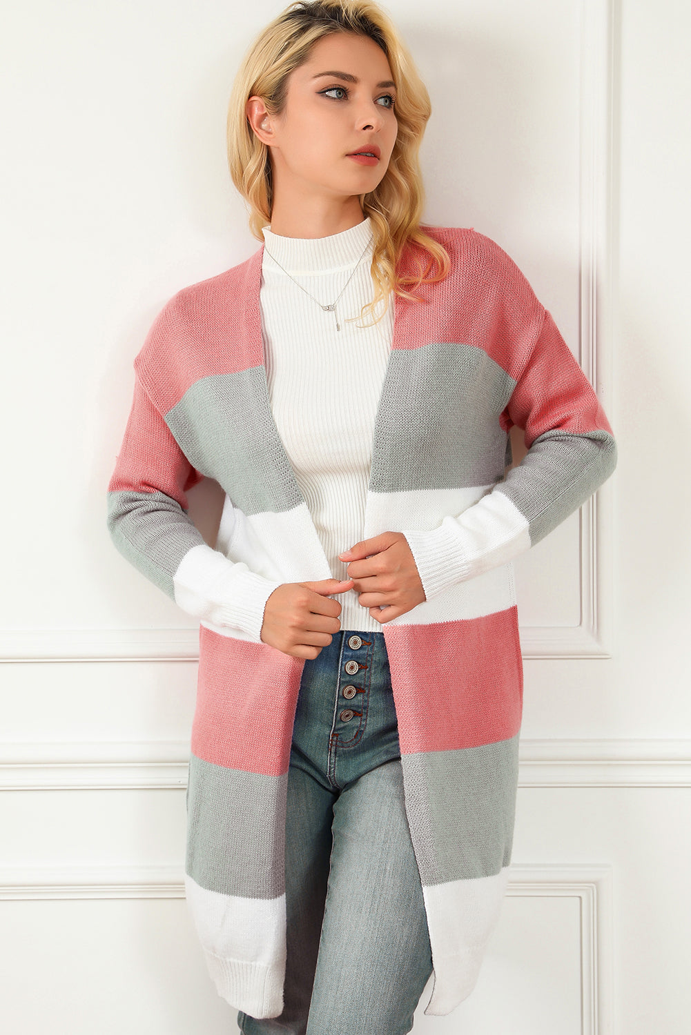 Striped Open Front Long Sleeve Cardigan-Angel Casuals