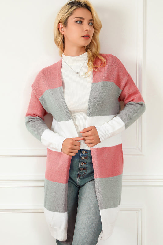 Striped Open Front Long Sleeve Cardigan-Angel Casuals