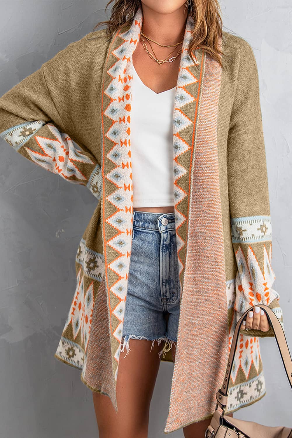 Geometric Open Front Long Sleeve Cardigan-Angel Casuals