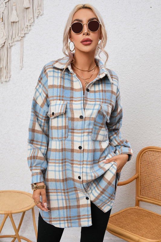 Plaid Dropped Shoulder Shirt Jacket-Angel Casuals