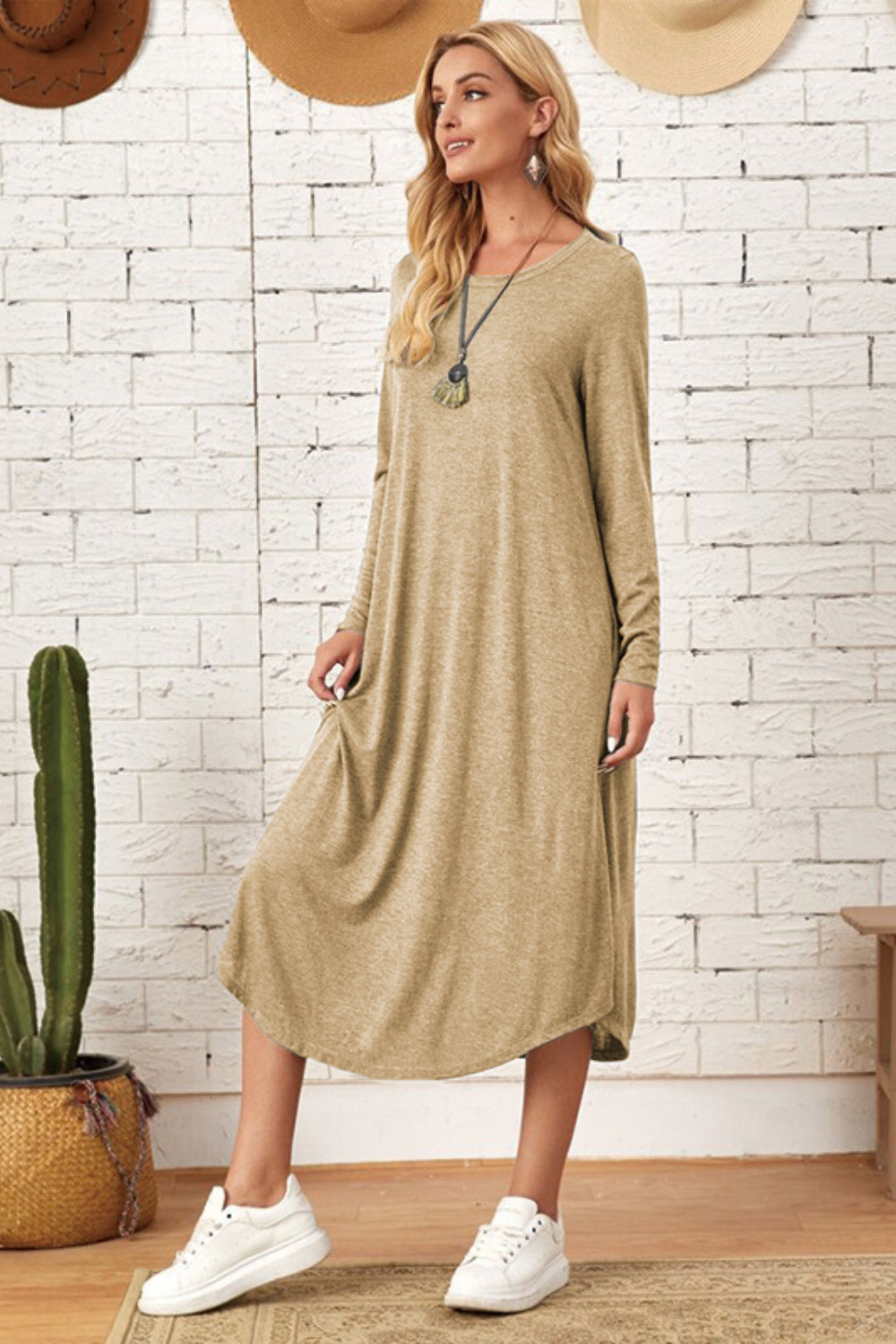 Pocketed Round Neck Long Sleeve Tee Dress-Angel Casuals