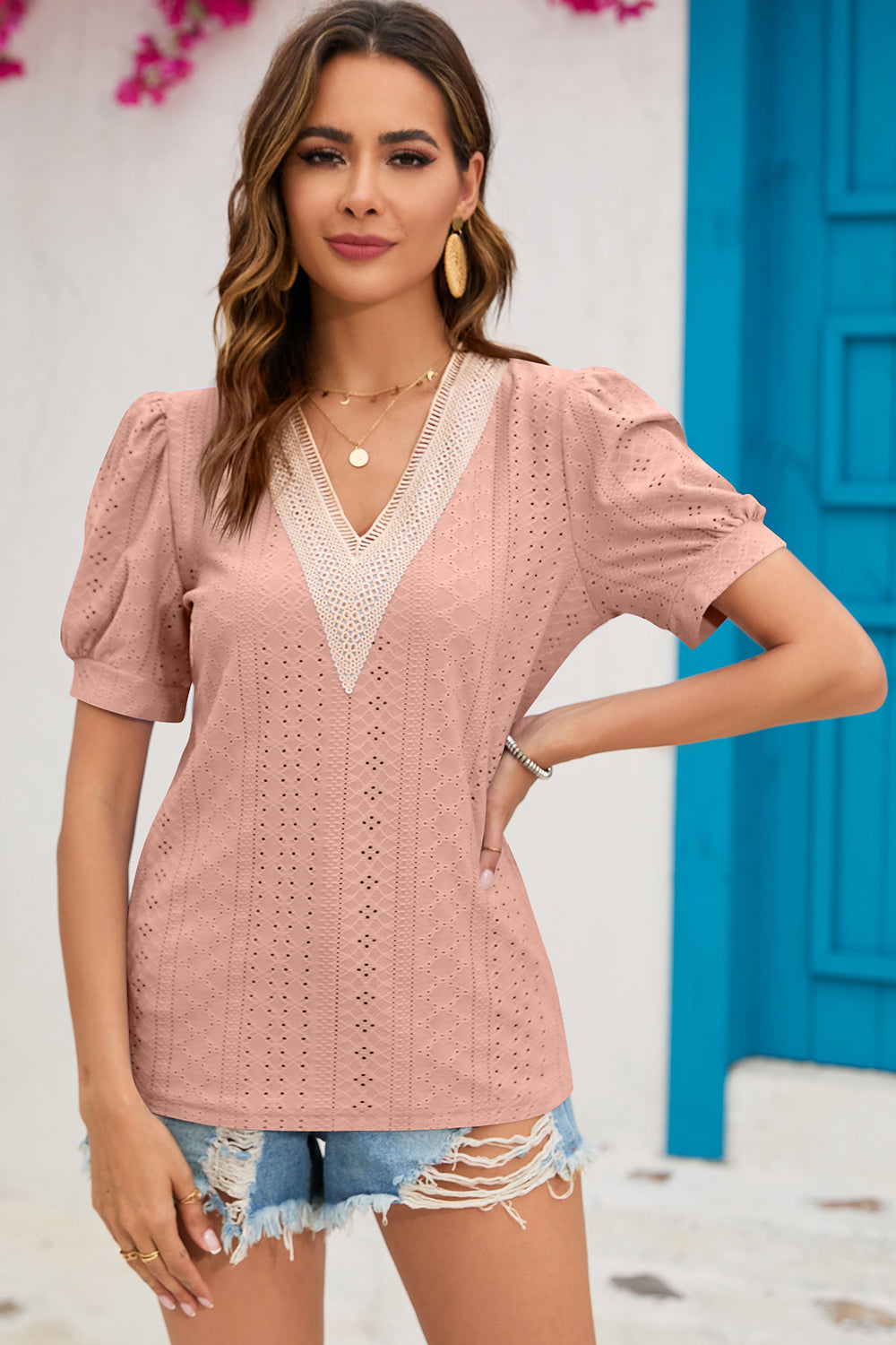 Eyelet V-Neck Short Sleeve T-Shirt-Angel Casuals