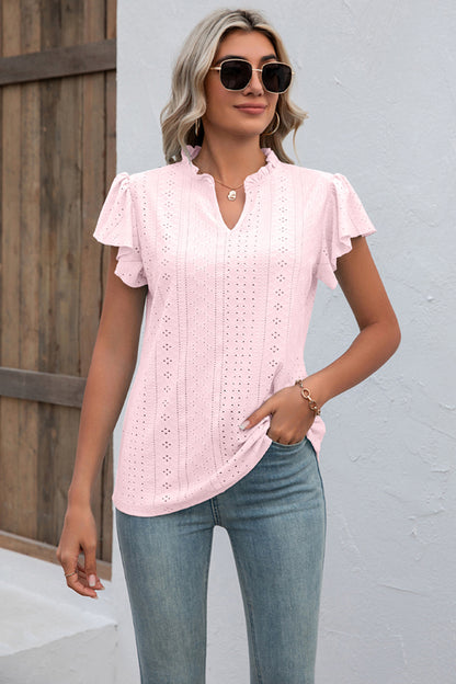 Eyelet Notched Neck Flutter Sleeve Top-Angel Casuals