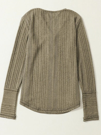 Textured V-Neck Long Sleeve T-Shirt-Angel Casuals