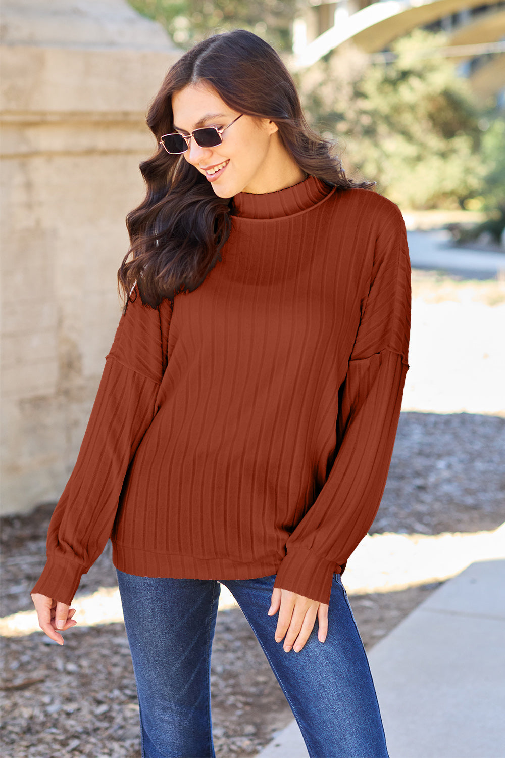 Basic Bae Full Size Ribbed Exposed Seam Mock Neck Knit Top-Angel Casuals