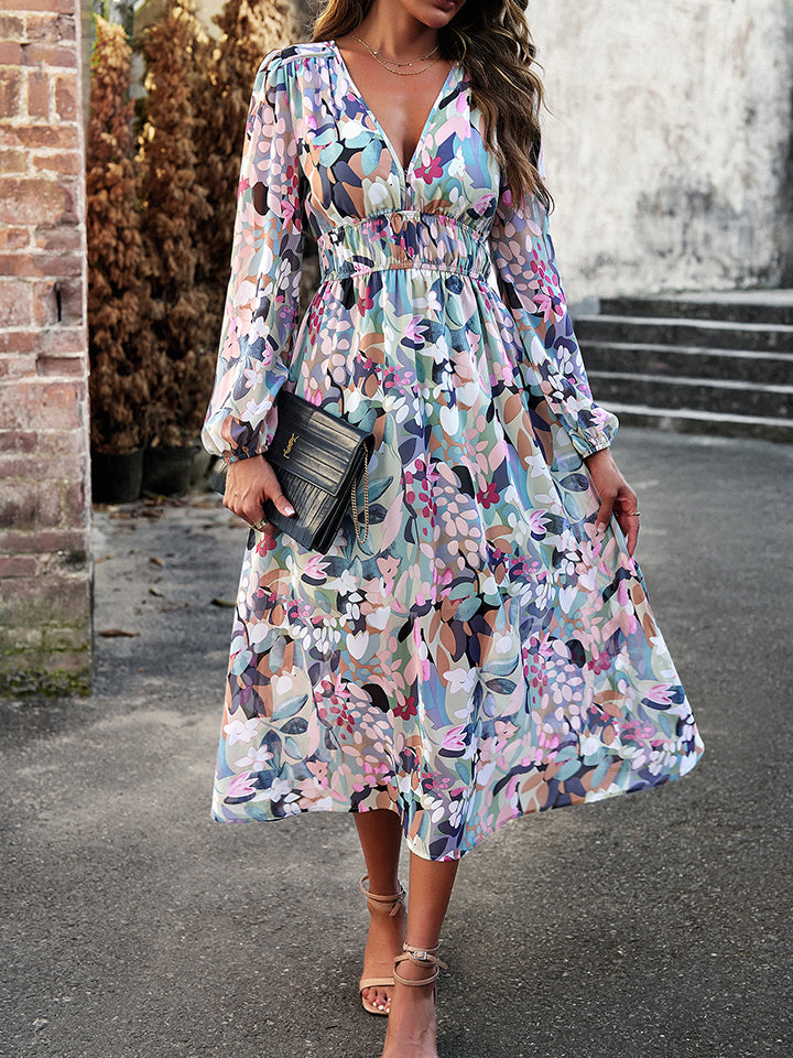 Printed V-Neck Long Sleeve Midi Dress-Angel Casuals