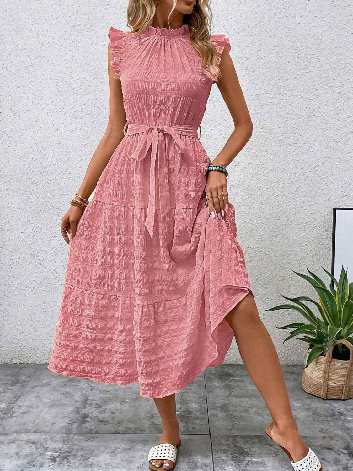 Tied Ruffled Cap Sleeve Midi Dress-Angel Casuals