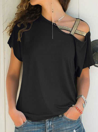 Asymmetrical Neck Short Sleeve T-Shirt-Angel Casuals