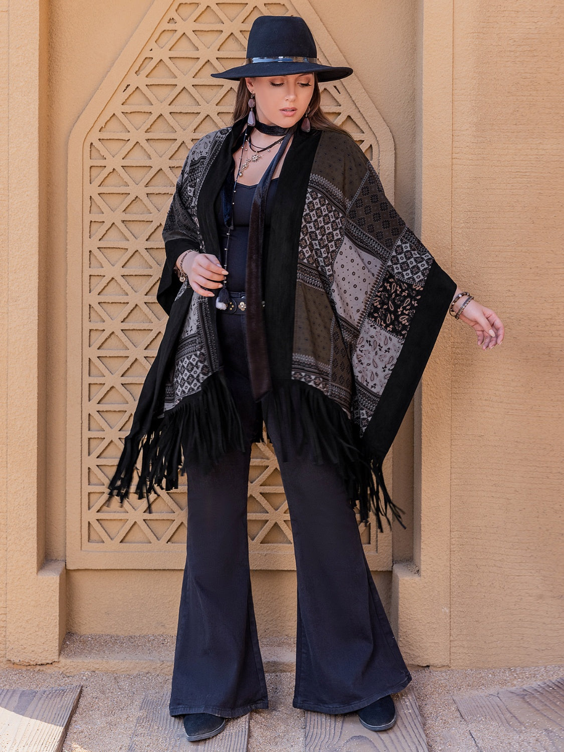 Plus Size Printed Fringe Open Front Outerwear-Angel Casuals